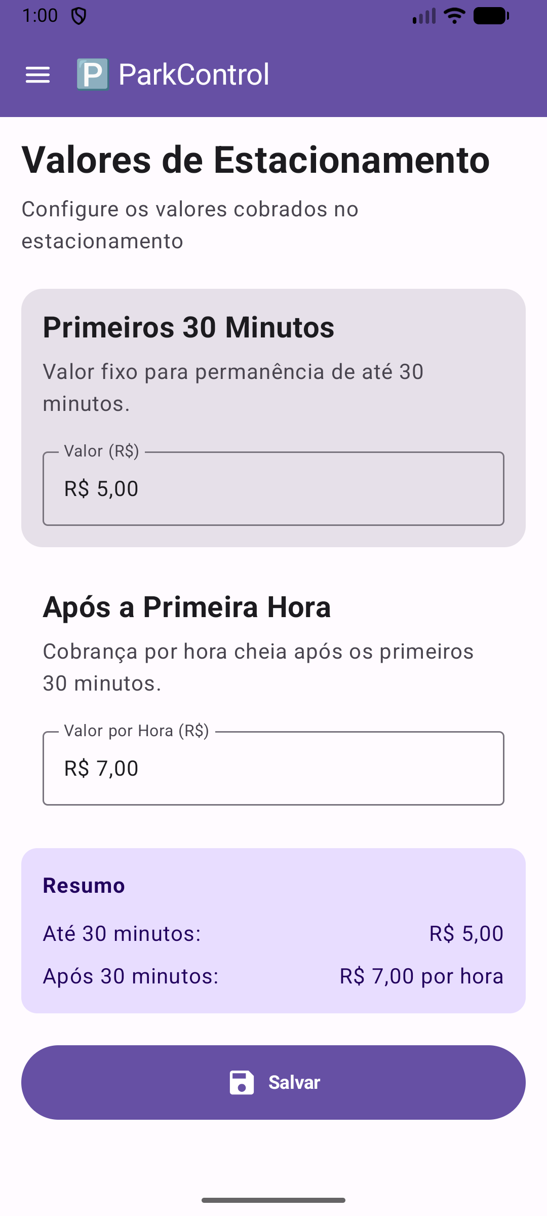 Tela de configurações
